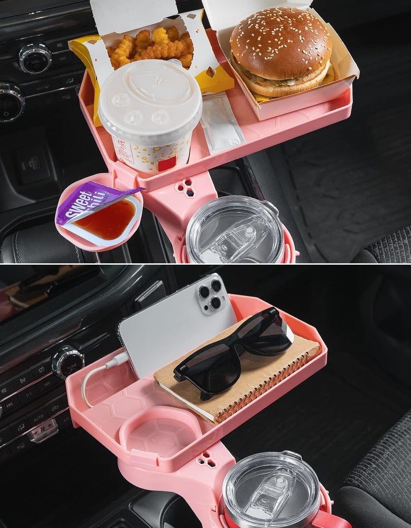 JoyTutus Cup Holder Tray for Car, Car Cup Holder Expander with 360Â°Rotation Tray, Large Cup Drink Holder Fit for Yeti/Hydro Flask, Detachable Food Tray Table, Pink Car Accessories - Image 1